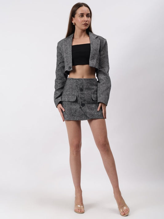 Gaiia Tweed Cropped Blazer And Mini Skirt Set - Black - GAIIA