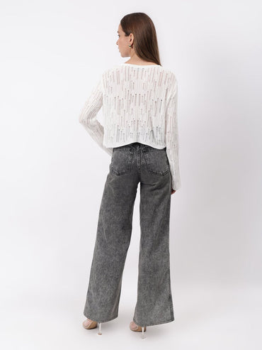 Gaiia Self Design Long Sleeve Crew Neck Top - White - GAIIA