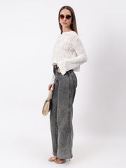 Gaiia Self Design Long Sleeve Crew Neck Top - White