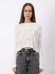 Gaiia Self Design Long Sleeve Crew Neck Top - White