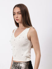 Gaiia Sleeveless Studded Top - Off White