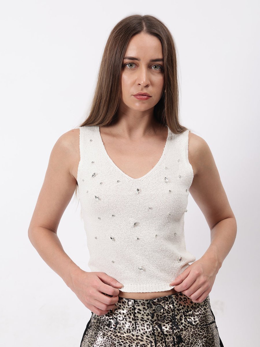Gaiia Sleeveless Studded Top - Off White - GAIIA