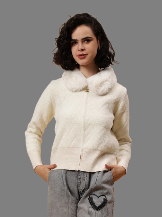 Gaiia Fur Collared Solid Women Zipper Jacket