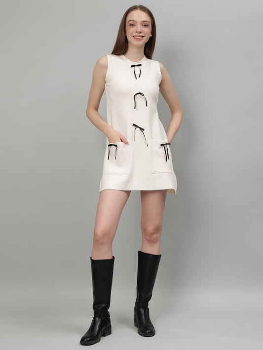 Gaiia Stylish Contrasting Bow Knit Mini Dress - Off White - GAIIA