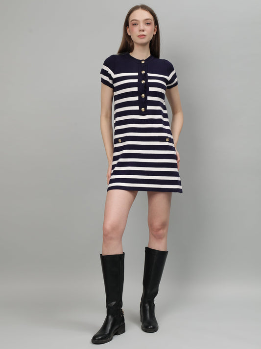 Gaiia Striped Short Sleeve Mini Dress - Navy