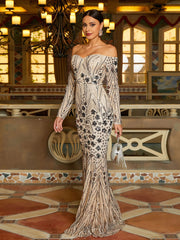 Gaiia Midnight Bloom Off Shoulder Sequin Gown Dress- Golden