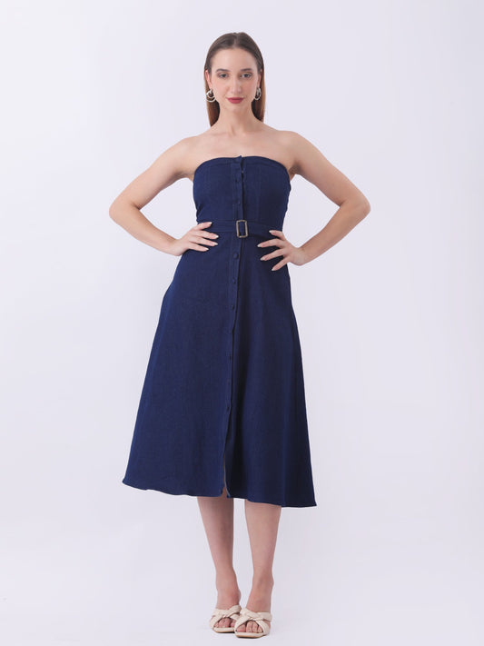Gaiia Strapless Belted Denim Dress - Navy