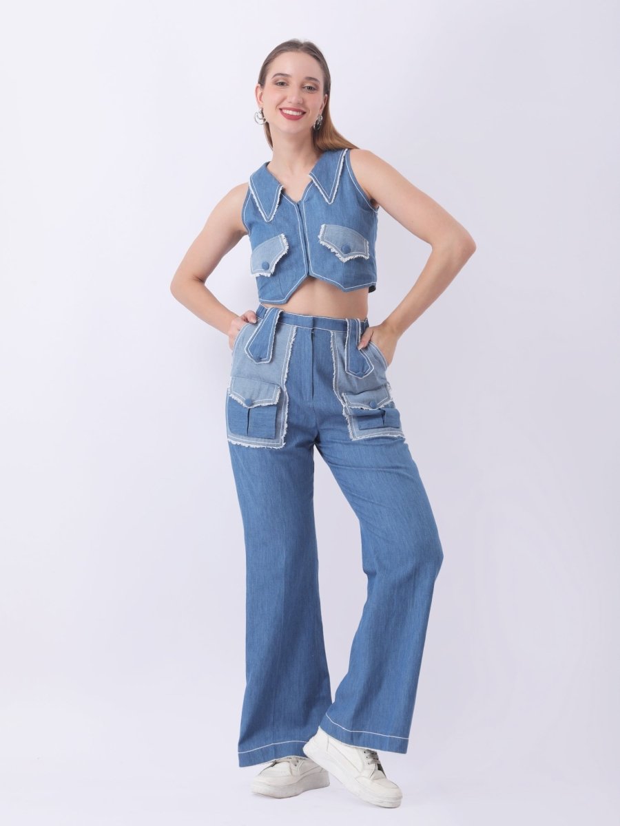 Gaiia Denim Buttoned Utility Co - Ord Set - Dark Blue - GAIIA