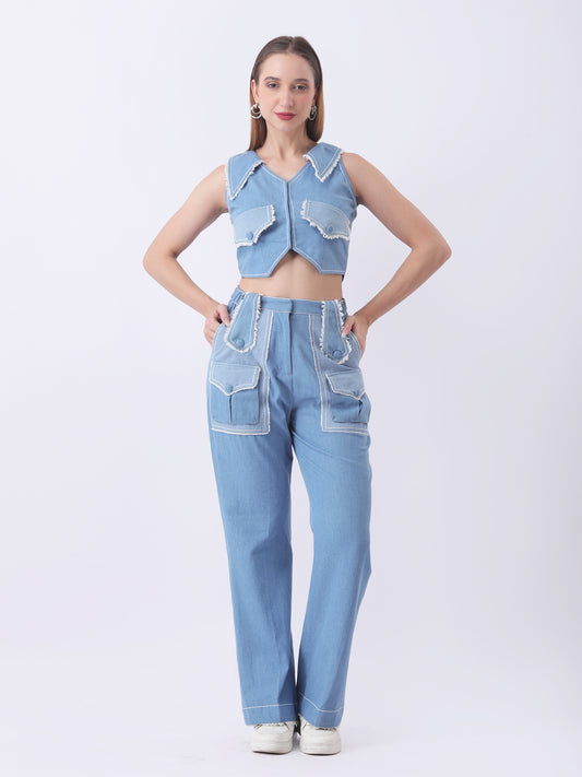 Gaiia Denim Buttoned Utility Co-Ord Set - Blue