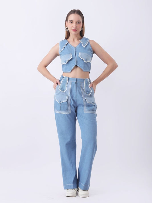 Gaiia Denim Buttoned Utility Co - Ord Set - Blue - GAIIA