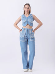 Gaiia Denim Buttoned Utility Co-Ord Set - Blue
