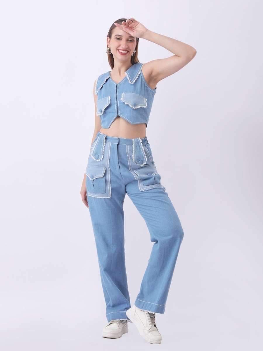 Gaiia Denim Buttoned Utility Co - Ord Set - Blue - GAIIA