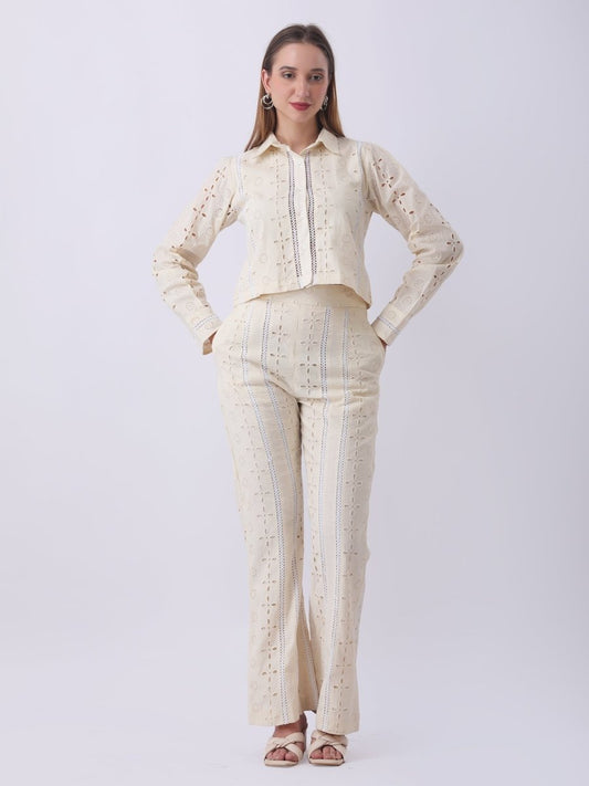 Gaiia Vertical Eyelet Lace Trouser Suit - Beige - GAIIA