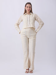 Gaiia Vertical Eyelet Lace Trouser Suit - Beige