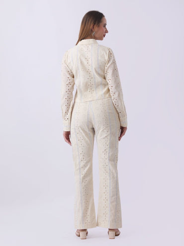 Gaiia Vertical Eyelet Lace Trouser Suit - Beige - GAIIA