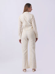 Gaiia Vertical Eyelet Lace Trouser Suit - Beige