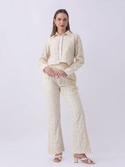 Gaiia Vertical Eyelet Lace Trouser Suit - Beige