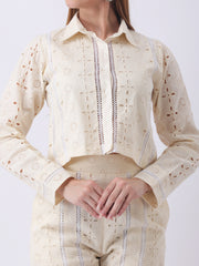 Gaiia Vertical Eyelet Lace Trouser Suit - Beige