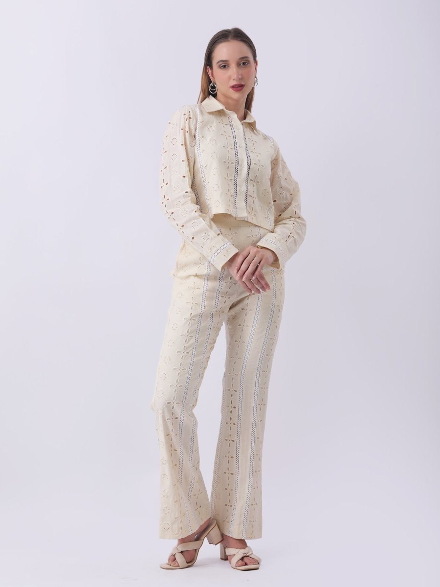 Gaiia Vertical Eyelet Lace Trouser Suit - Beige - GAIIA