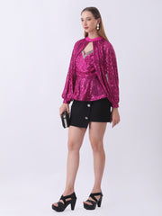 Gaiia Layered Sequin Top With Crystal Trim - Pink