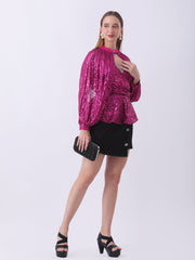 Gaiia Layered Sequin Top With Crystal Trim - Pink
