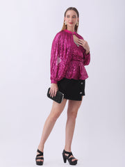Gaiia Layered Sequin Top With Crystal Trim - Pink