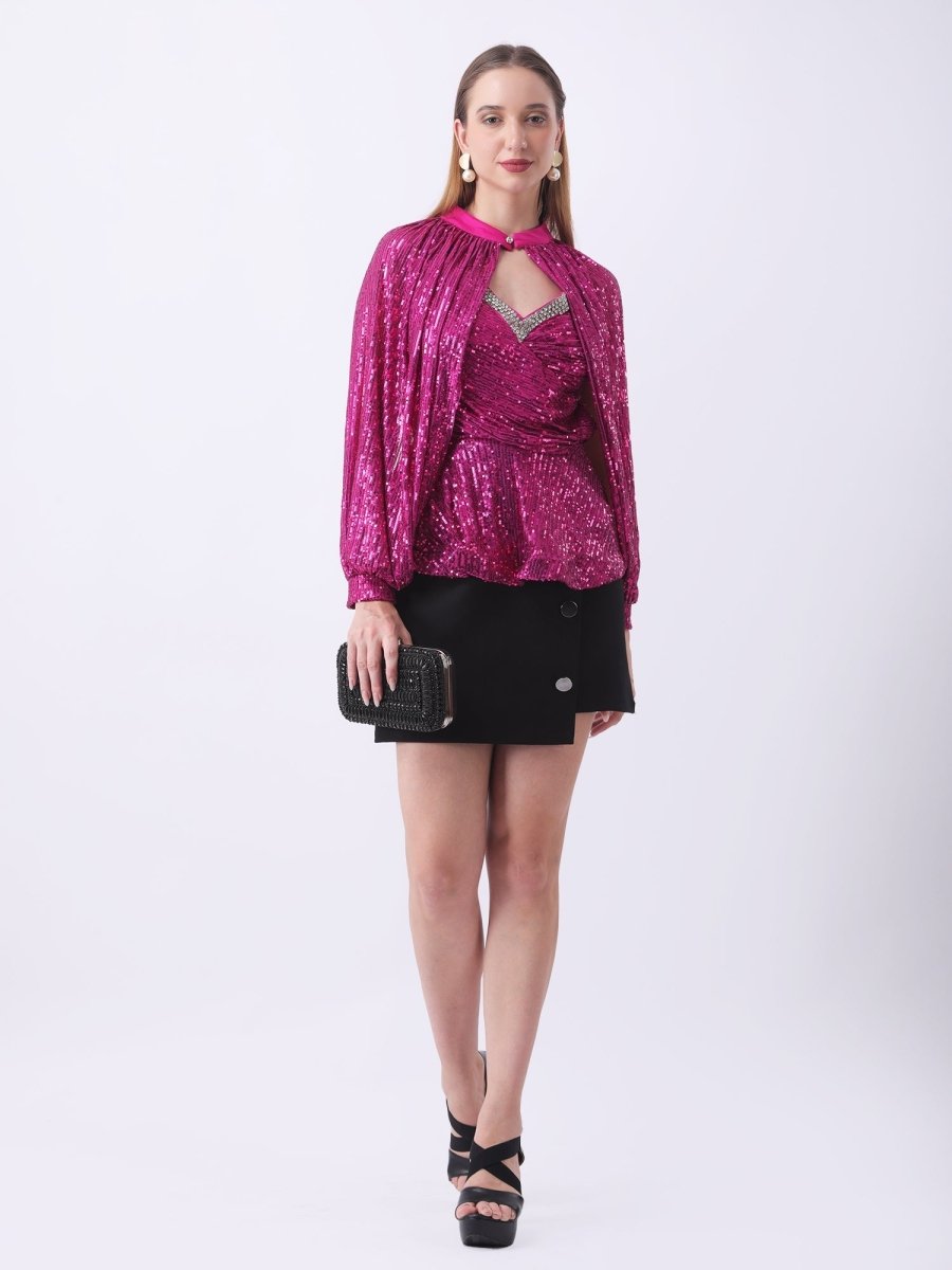 Gaiia Layered Sequin Top With Crystal Trim - Pink - GAIIA