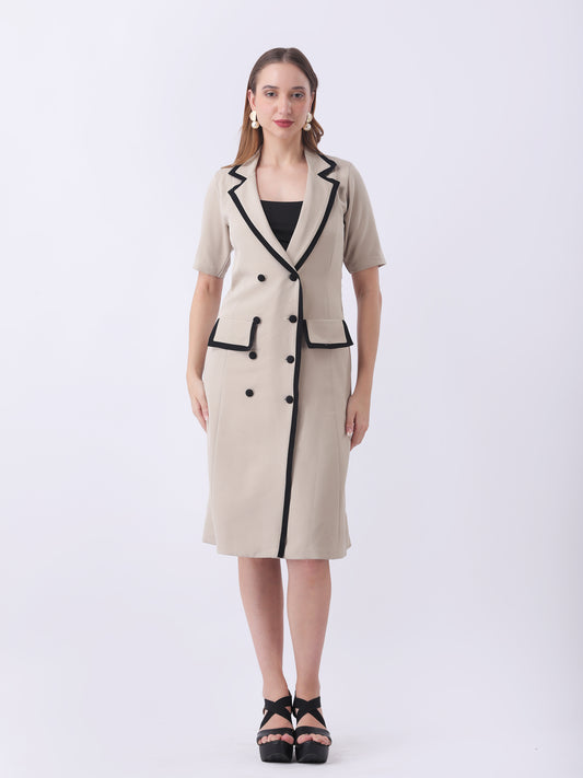 Gaiia Contrast-Trim Tuxedo Dress - Beige