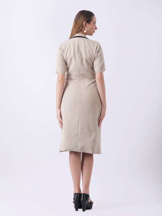 Gaiia Contrast-Trim Tuxedo Dress - Beige