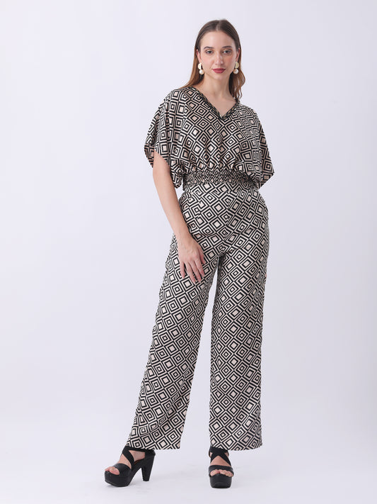 Gaiia Geometric Print Blouson Co-Ords - Beige