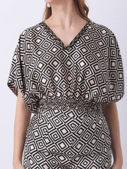 Gaiia Geometric Print Blouson Co-Ords - Beige