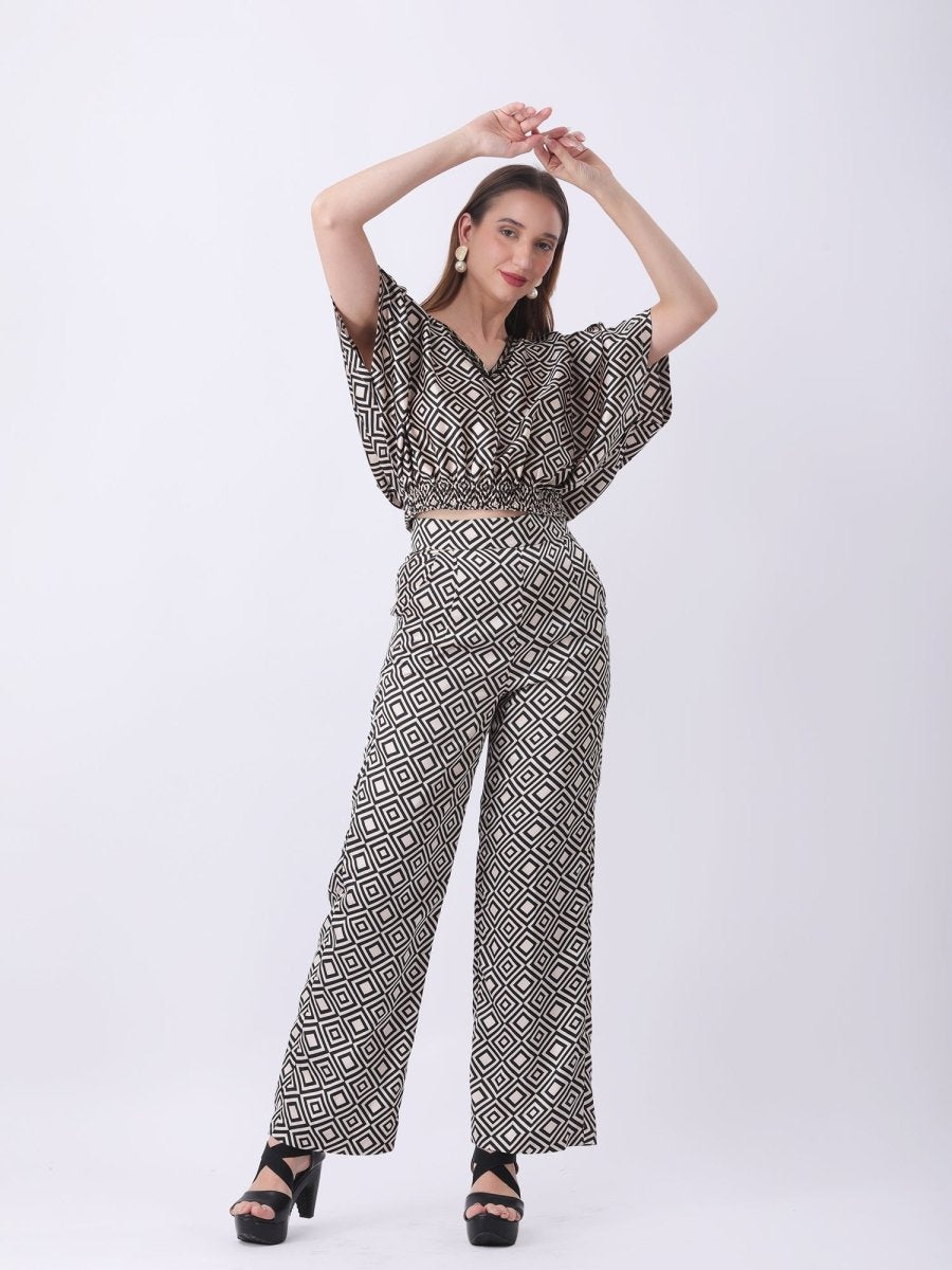 Gaiia Geometric Print Blouson Co - Ords - Beige - GAIIA