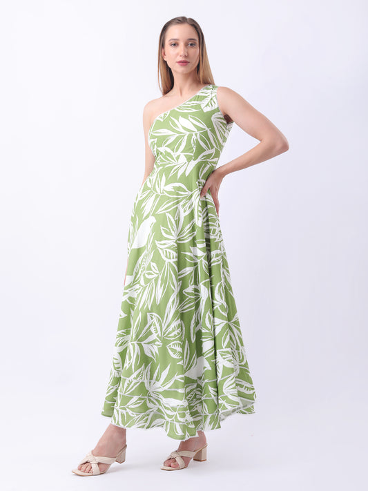 Gaiia One Shoulder Printed Dress - Green