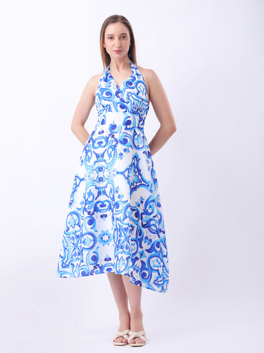 Gaiia Halter Neck Short Summer Dress - Blue