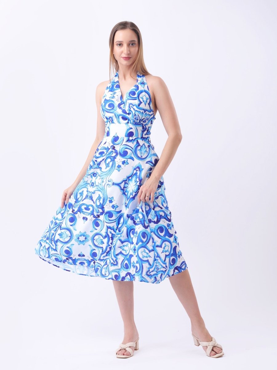 Gaiia Halter Neck Short Summer Dress - Blue - GAIIA