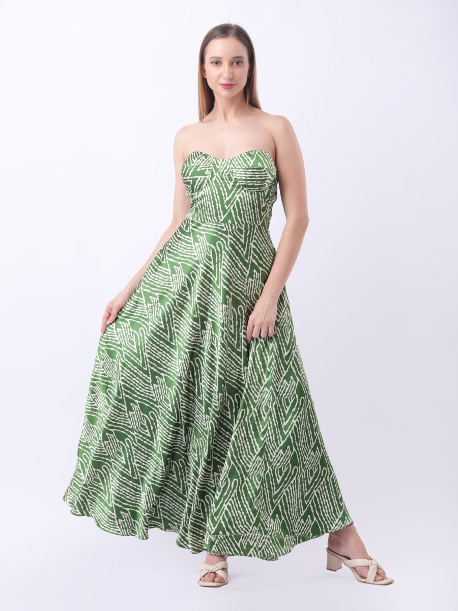 Gaiia Satin Printed Corset Dress - Green - GAIIA