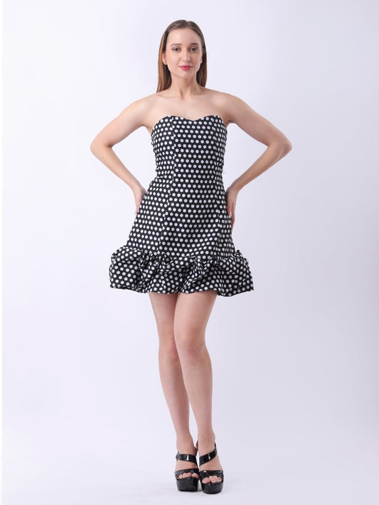 Gaiia Strapless Polka Dot Ruffle - Hem Mini Dress - Black - GAIIA