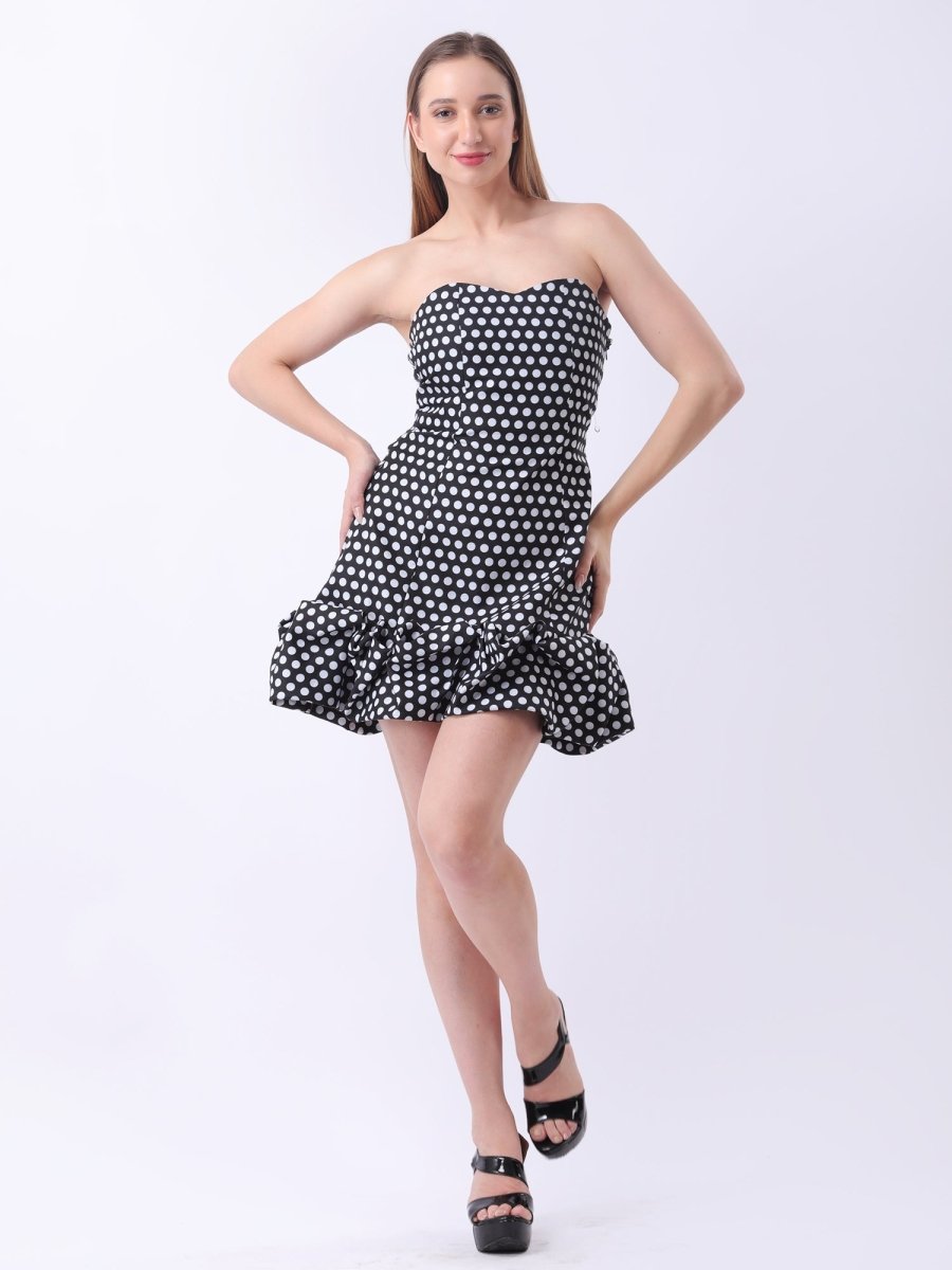 Gaiia Strapless Polka Dot Ruffle - Hem Mini Dress - Black - GAIIA