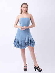 Gaiia Strapless Denim Ruffle Hem Dress - Blue