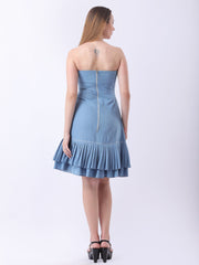 Gaiia Strapless Denim Ruffle Hem Dress - Blue