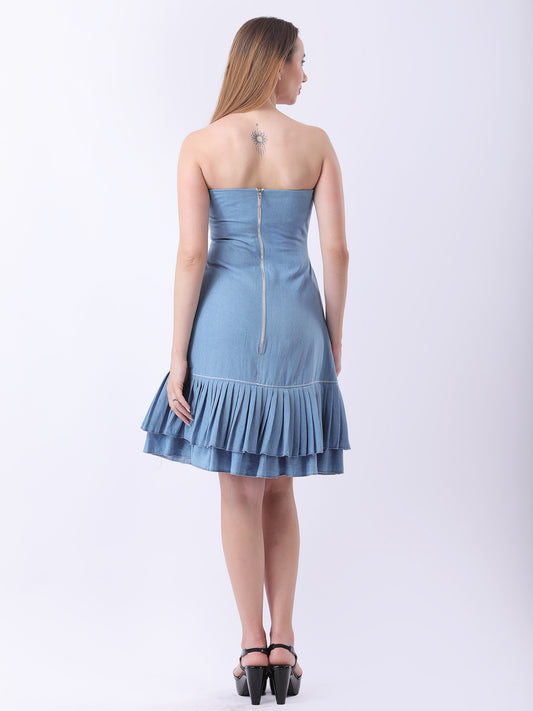 Gaiia Strapless Denim Ruffle Hem Dress - Blue