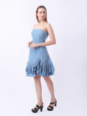 Gaiia Strapless Denim Ruffle Hem Dress - Blue