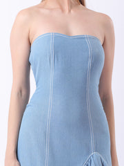 Gaiia Strapless Denim Ruffle Hem Dress - Blue