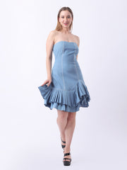 Gaiia Strapless Denim Ruffle Hem Dress - Blue