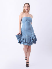 Gaiia Strapless Denim Ruffle Hem Dress - Blue
