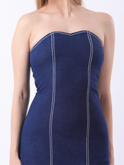 Gaiia Strapless Denim Ruffle Hem Dress - Navy