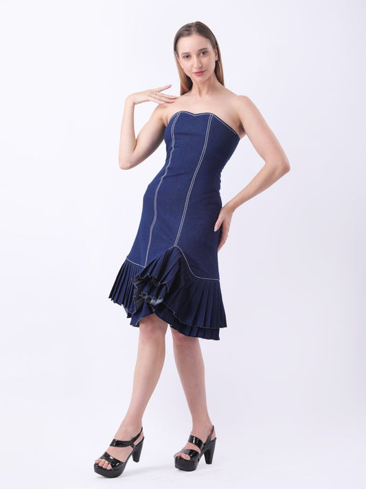Gaiia Strapless Denim Ruffle Hem Dress - Navy - GAIIA