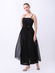 Gaiia Tie-Front Top With Sheer Overlay & Trousers - Black