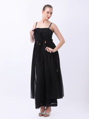 Gaiia Tie-Front Top With Sheer Overlay & Trousers - Black