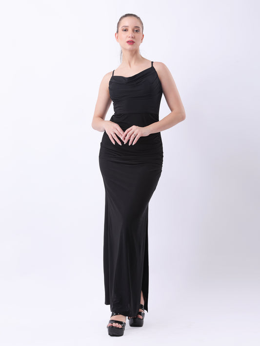 Gaiia Cowl Neck Ruched Maxi Gown - Black